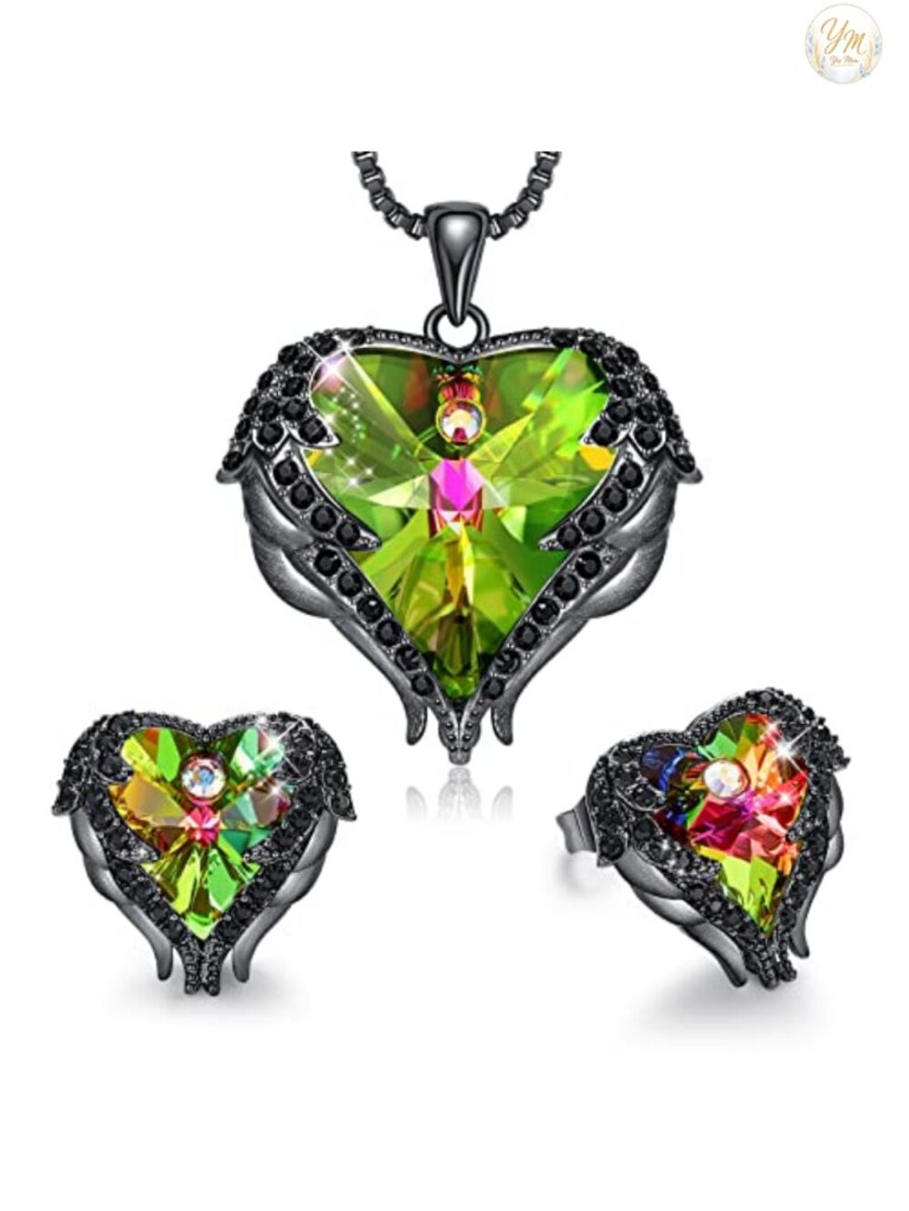 Angel Wing Heart Pendant Necklace and Earrings Set with Austrian Crystals